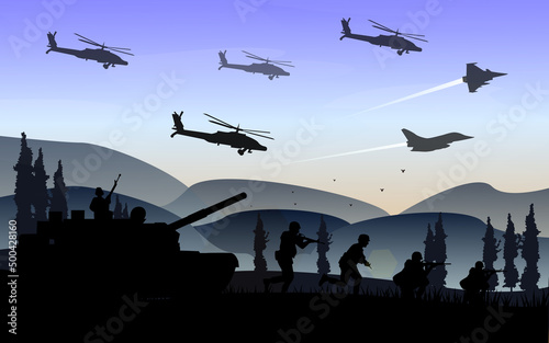 Flat soldier battlefield war silhoutte illustration