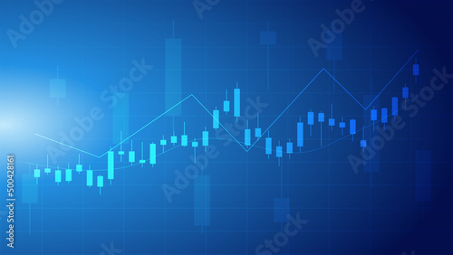 Financial business statistics with bar graph and candlestick chart with uptrend line indicator show stock market price and effective earning on blue background