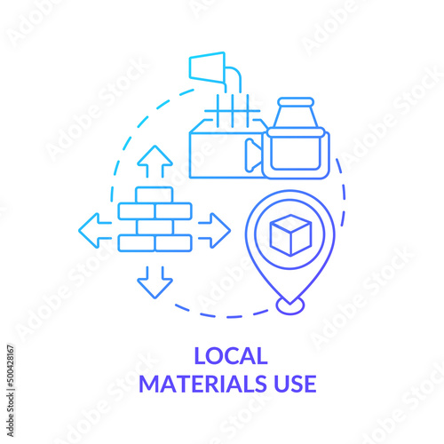 Local materials use blue gradient concept icon. green gradient urbanism basis abstract idea thin line illustration. Ecological building. Isolated outline drawing. Myriad Pro-Bold font used