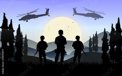 Принти на полотні Flat soldier battlefield war silhoutte illustration