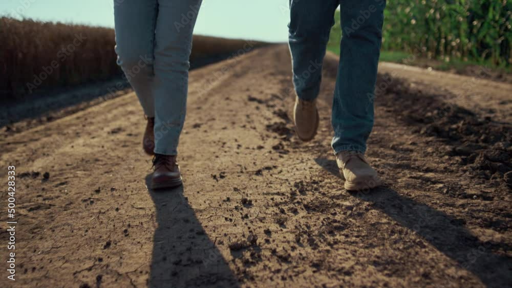 Farmers shoes walking ground road closeup. Agriculture workers inspect husbandry