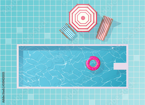 Swimming pool with colorful floats, top view background. Water ring, umbrella, lounger. Big outdoor pool with water toys, flat lay view. Hotel spa zone, vacation. Summer background.