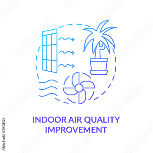 Indoor air quality improvement blue gradient concept icon. Eco-friendly architecture principle abstract idea thin line illustration. Isolated outline drawing. Myriad Pro-Bold font used