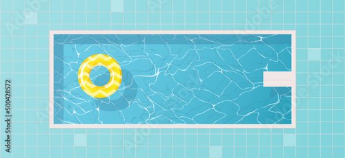 Swimming pool with colorful floats, top view background. Water ring. Big outdoor pool with water toys, flat lay view. Hotel spa zone, vacation. Summer background.