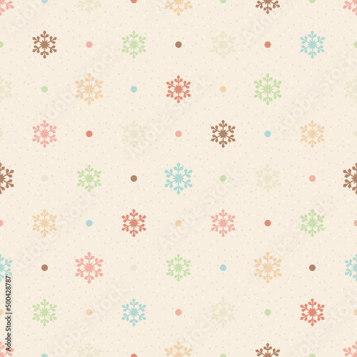 Retro seamless pattern. Color snowflakes and dots on beige textured background