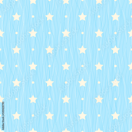 Retro seamless pattern. Star and polka dot on blue wavy background