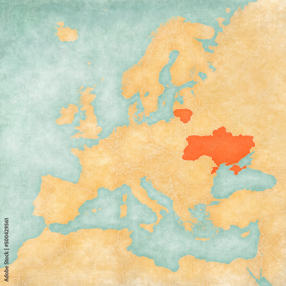 Map of Europe - Ukraine and Lithuania