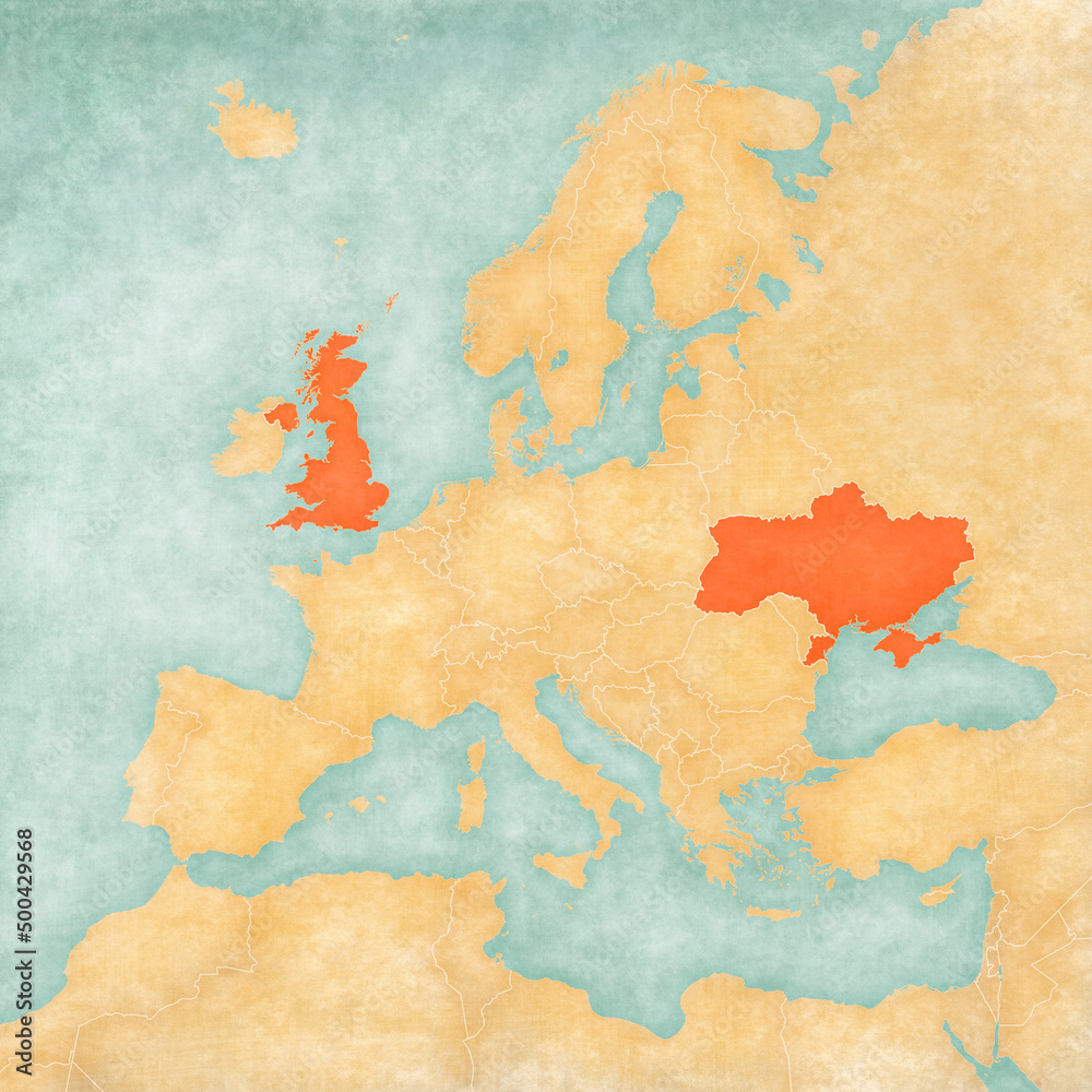 Map of Europe - Ukraine and United Kingdom