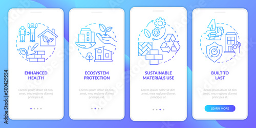Green architecture strong points gradient onboarding mobile app screen. Walkthrough 4 steps graphic instructions pages with linear concepts. UI, UX, GUI template. Myriad Pro-Bold, Regular fonts used
