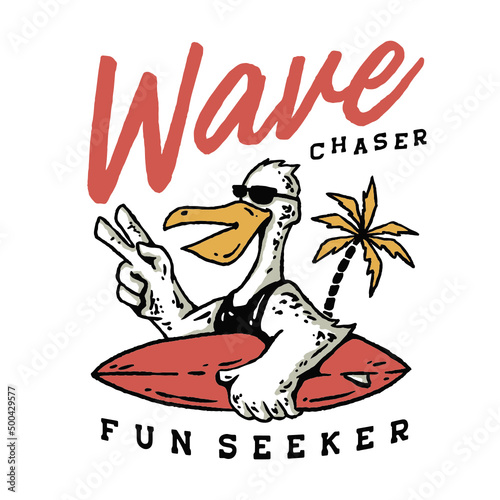 Bird surfing mascot illustration