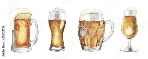 Watercolor Beer glasses collection. Classic beer mug. Watercolor vector realistic illustration. Modern design. Bar Menu design