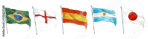 Watercolor worlds flags. Flags of Brazil, England, Spain, Argentina, Japan. Hand drawn vector watercolor illustration. FIFA World cup