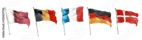 Watercolor worlds flags. Flags of Qatar, Germany, France, Belgium, Denmark. Hand drawn vector watercolor illustration. FIFA World cup