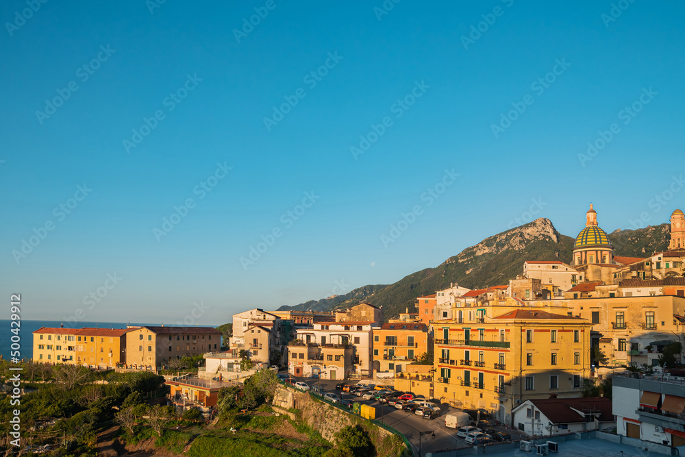 Fototapeta premium South of Italy, small mountain town at dawn. Vietri. Beautiful early morning, summer. Journey through old Europe, picturesque landscapes. Amalfi Coast Tyrrhenian Sea,