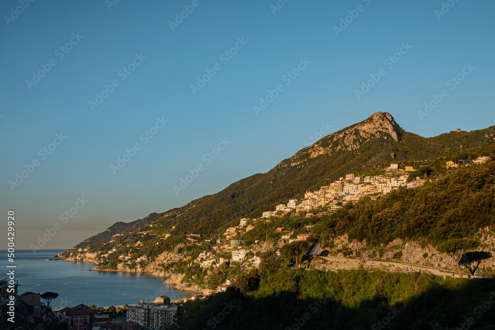 South of Italy, small mountain town at dawn. Vietri. Beautiful early morning, summer. Journey through old Europe, picturesque landscapes. Amalfi Coast Tyrrhenian Sea,