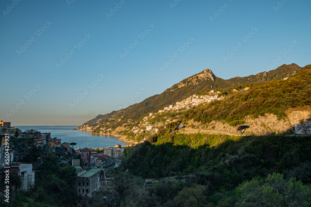 South of Italy, small mountain town at dawn. Vietri. Beautiful early morning, summer. Journey through old Europe, picturesque landscapes. Amalfi Coast Tyrrhenian Sea, South of Italy, small mountain town at dawn. Vietri. Beautiful early morning, summer. Journey through old Europe, picturesque landscapes. Amalfi Coast Tyrrhenian Sea,
