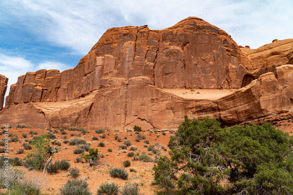 Arches National Park at Midday - Arches has many arches including the famous Delicate Arch, the Window Arch, the Double Arch and other features such as Tower of Babel, Turret Arch, and the Courthouse 