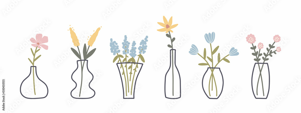 Set of Blooming Flowers in vase. Abstract hand drawn Bunch of plants in glass vases. Vector isolated illustration on white background