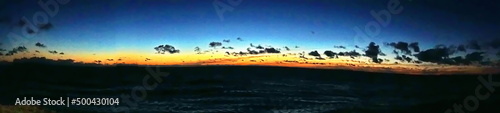 Panorama of sunset over the Southern Ocean in Antarctica