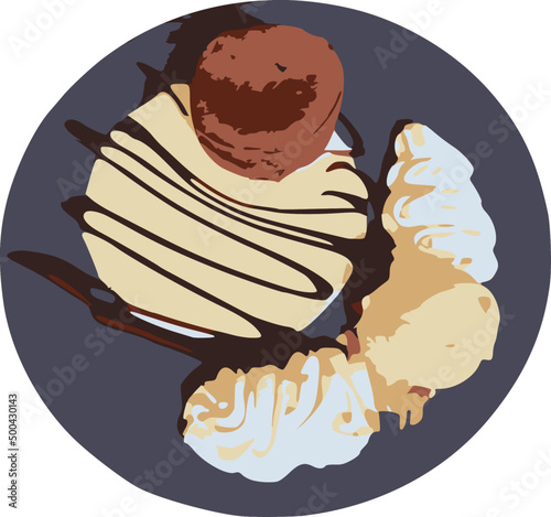 Vector image of a plate of dessert: chocolate fondant and custard and scoop of ice cream with whipped cream. 7 colors, transparent background.