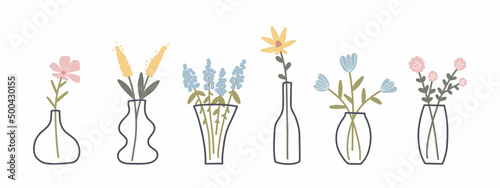 Set of Blooming Flowers in vase. Abstract hand drawn Bunch of plants in glass vases. Vector isolated illustration on white background