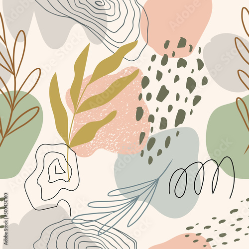 Seamless pattern with Abstract shape and Leaves. Boho design for print, wallpaper, fabric, cover. Vector illustration