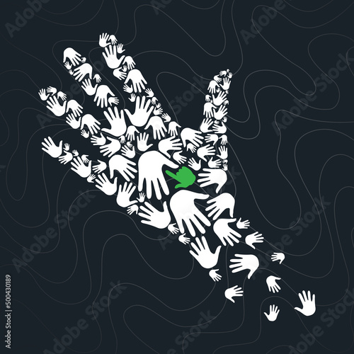 One hand that rules them all among so many hands. One big hand made up of many hands. vectorial