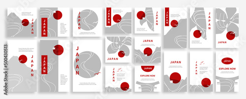 Templates pack for Instagram posts and stories, Facebook square, Japan holiday trip theme advertisement, sale, and business promotion theme with fresh design