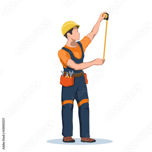 Worker use building roulette. Builder with metric tool. Man in uniform with engineer ruler. Isolated industrial scene. Contractor boy measure wall