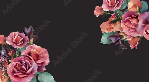 Floral banner  header with copy space. Red roses and iris isolated on dark background. Natural flowers wallpaper or greeting card.