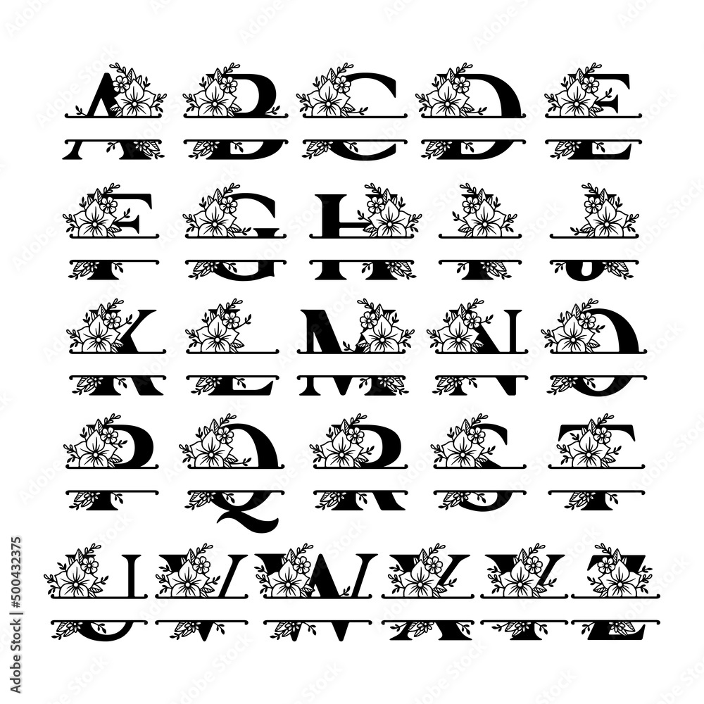 Floral alphabet letters set. Floral ABC collection. Hand drawn flowers