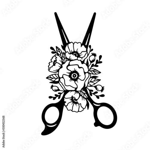 Floral hair scissors t-shirt design. Hairdresser apparel hand drawn design. Vector vintage illustration.