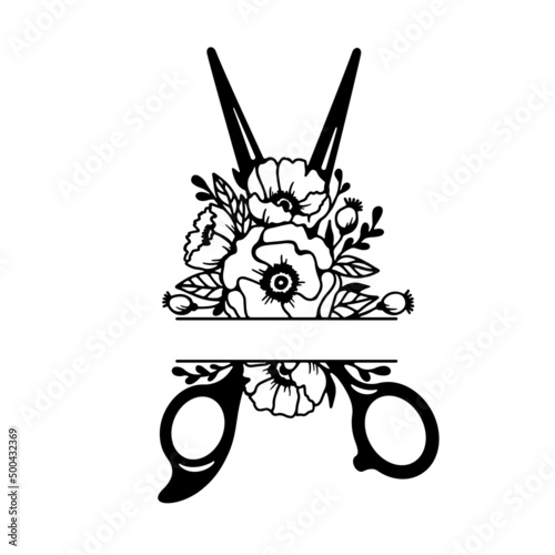 Floral hair scissors t-shirt design. Hairdresser apparel hand drawn design. Vector vintage illustration.