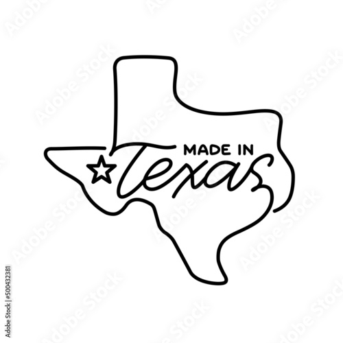 Made in Texas t-shirt design. Monoline hand drawn calligraphy isolated on white background. Texas state contour. Vector illustration.