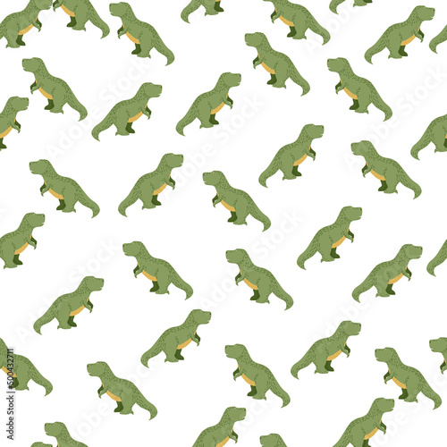 Seamless pattern cute T-Rex dino. Background of funny dinosaurs in doodle style.