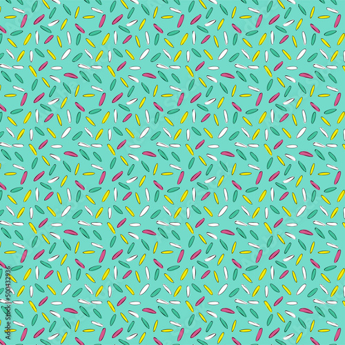 Desktop wallpaper, pattern on fabric, background. Donuts with icing and sprinkles, desserts, cakes. Confetti, pattern, colored glaze. Vector pattern.
