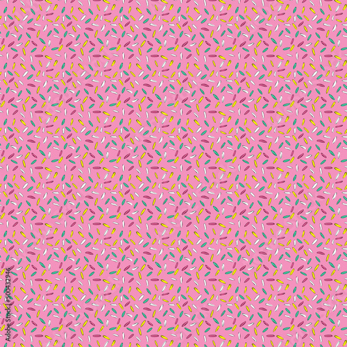 Desktop wallpaper, pattern on fabric, background. Donuts with icing and sprinkles, desserts, cakes. Confetti, pattern, colored glaze. Vector pattern.