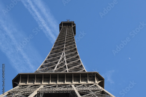 Paris, France: view from below of The Eiffel Tower, metal tower completed in 1889 by Gustave Eiffel for the Universal Exposition and became the most famous monument in Paris