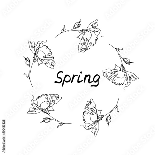 One line rose flowers wreath with text Spring. Single line floral drawings border