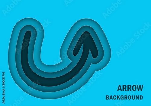 Paper cut Vector illustration of curved arrow on blue background. 
