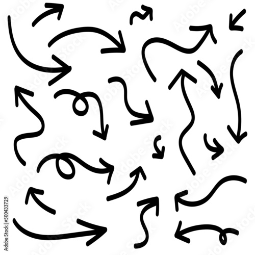 Hand Drawn Vector illustration of curved arrow. Black pointer isolated thick lines calligraphy Doodle on white background.
