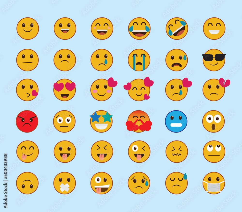 Set of 36 cartoon emoticons. Emoji icons. Social media emoticon Yellow faces expressing emotion. Vector illustration. Set of 36 cartoon emoticons. Emoji icons. Social media emoticon Yellow faces expressing emotion. Vector illustration.