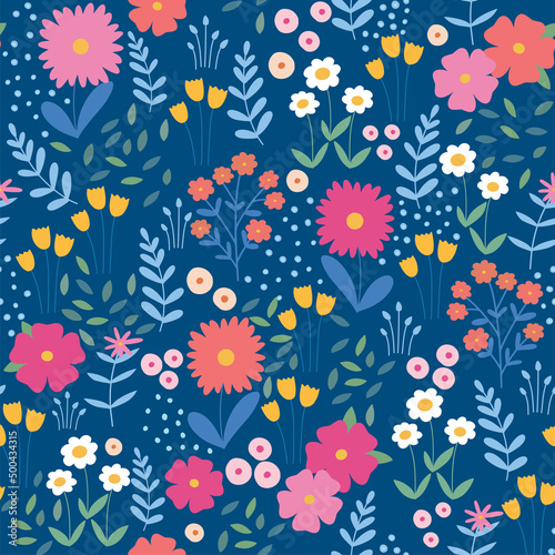 Vector seamless floral pattern. Endless pattern can be used for fabric, wallpaper, pattern fills, web page background, surface textures. Hand drawn flowers leaves and elements.