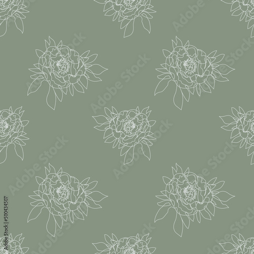 Seamless pattern with one single line drawings of peony flowers. White line on green background