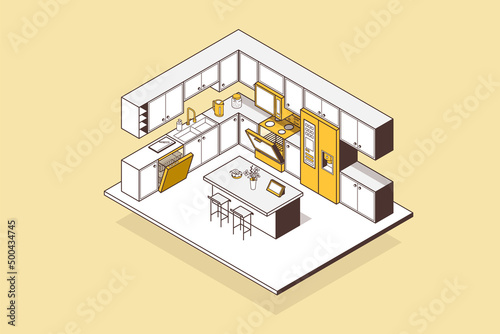 Smart kitchen isometric concept vector illustration showing connected kitchen appliances.