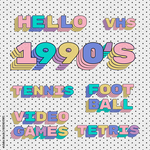 1990 lettering words set text effect with shadow in bright colours