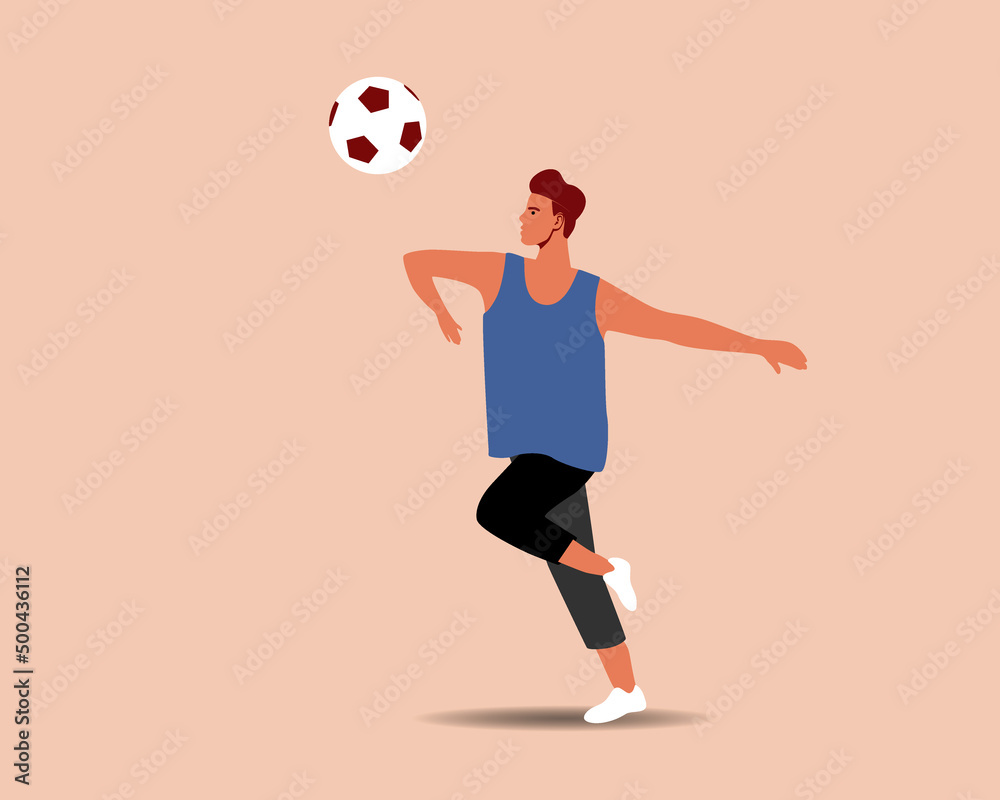 Young man plays football with ball, flat vector stock illustration, isolated football player