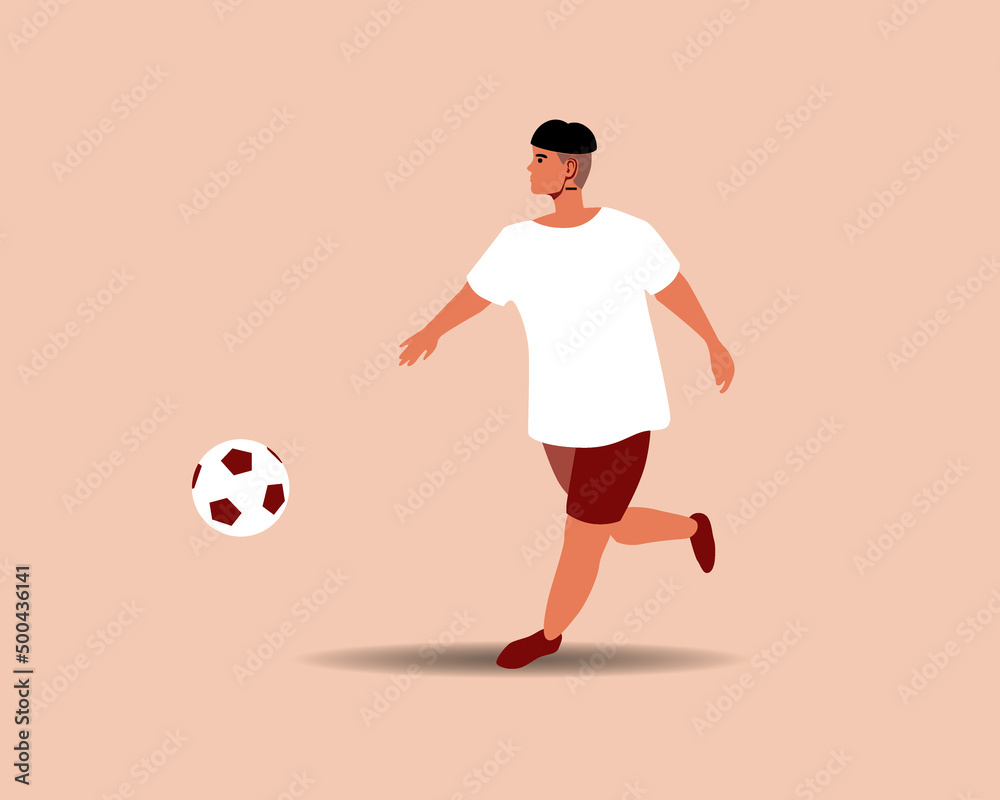 Non-binary persona playing football with ball, flat vector stock illustration, isolated man as modern football player for design