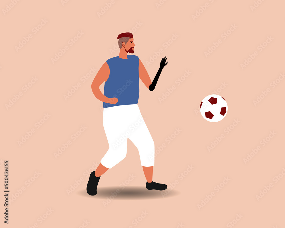 Inclusive person with prosthetic arm plays football with ball, flat vector stock illusion, isolated football player