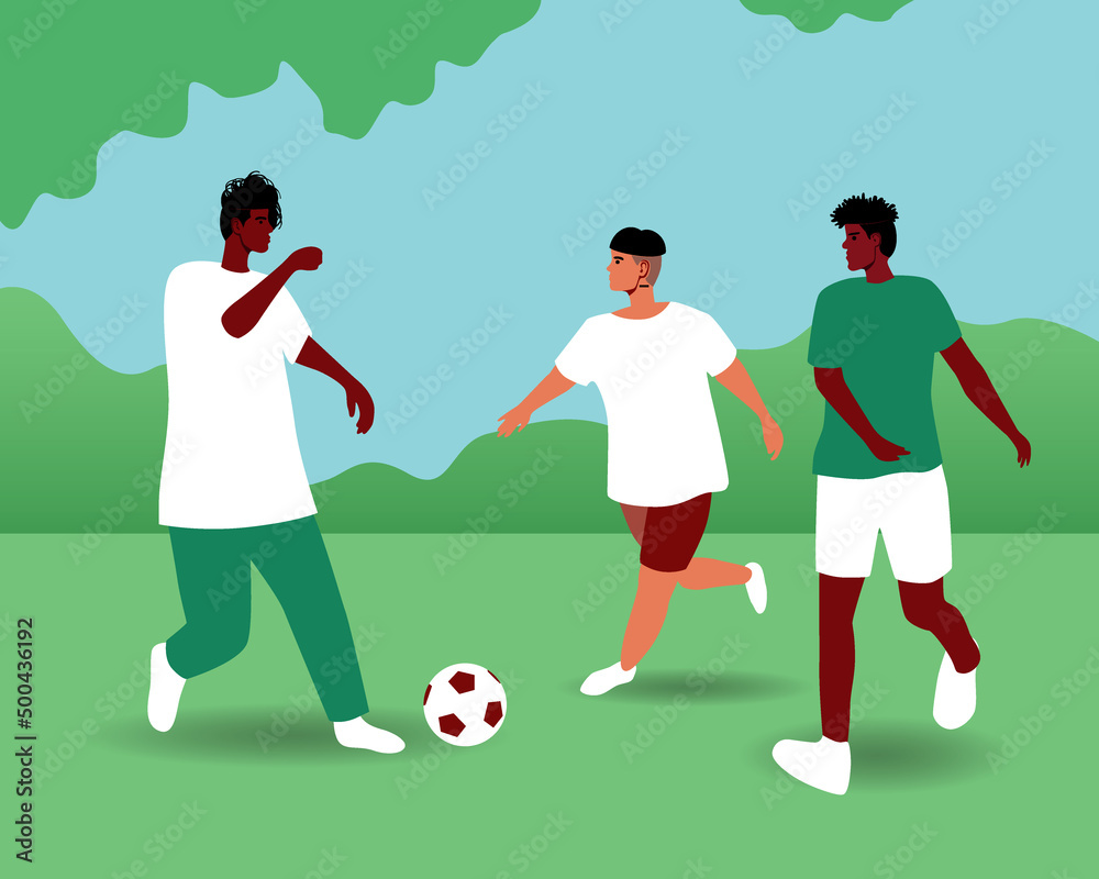 Fototapeta premium Multicultural group of people playing football in park, flat vector stock illustration with football players or outdoor sports